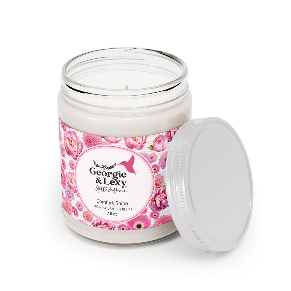 Thumbnail: Candle Soy Blend in 7 scents & unscented. Pink Flower label. Georgie & Lexy USA Online.