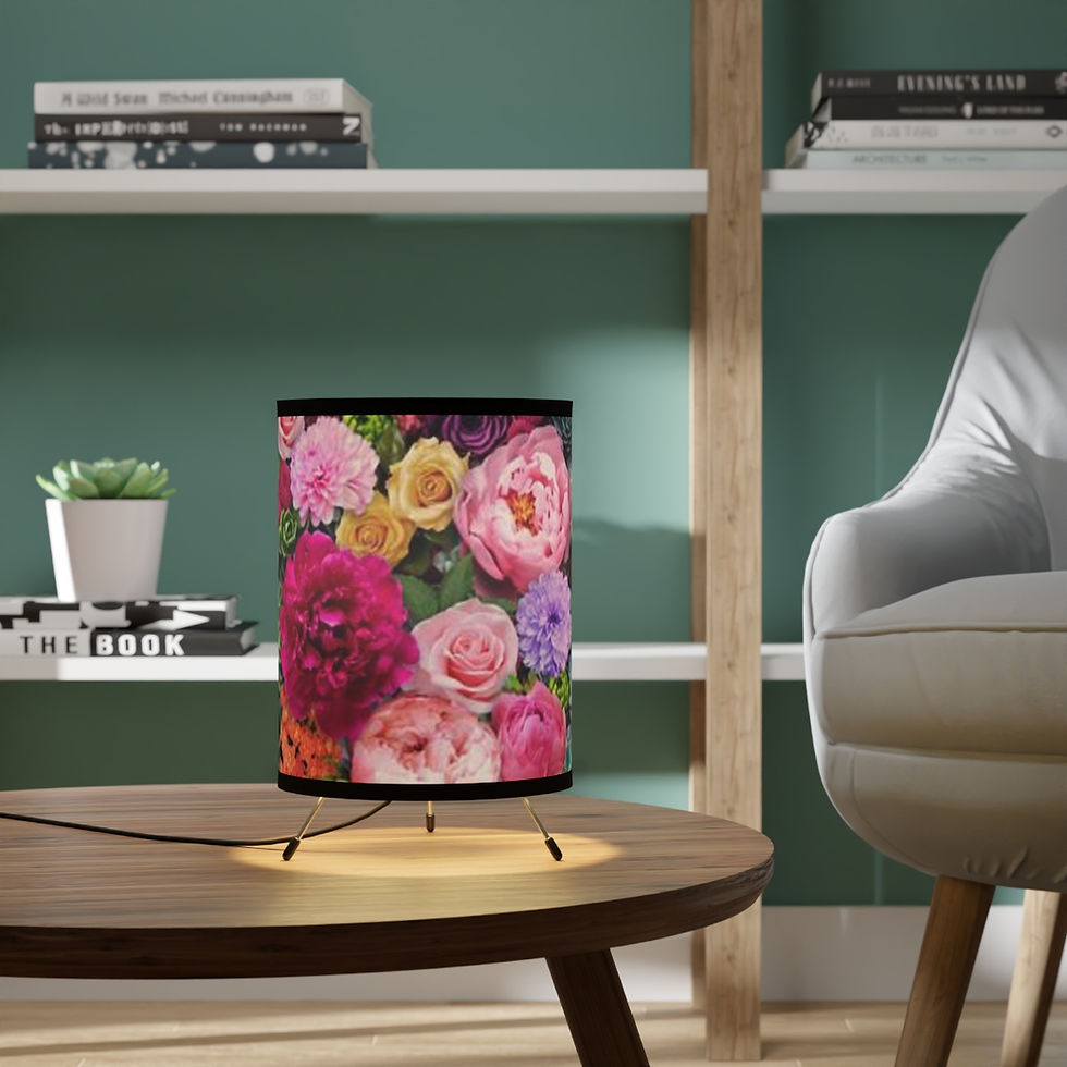 Thumbnail: Floral tripod lamp with Bed of Flowers pink peonies, pink and yellow roses. By Georgie and Lexy Gifts and Home USA Online.