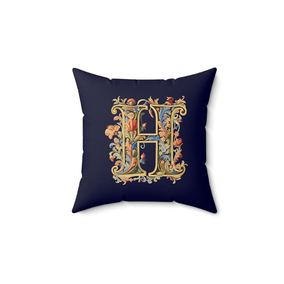 Thumbnail: Personalized Faux Suede Navy BlueThrow Pillows with Illuminated Floral Alphabet H. Georgie and Lexy Gifts and Home USA.