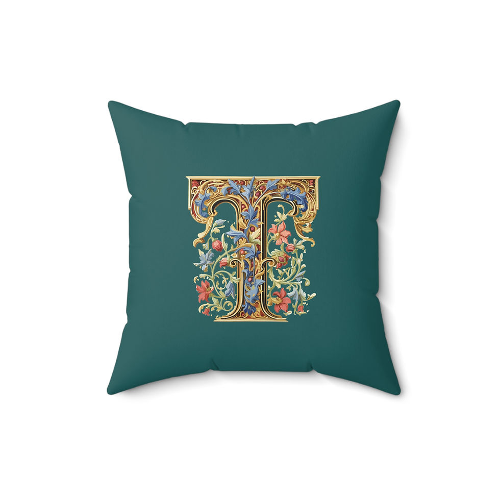 Thumbnail: Personalized Faux Suede Blue Green Throw Pillows with Illuminated Floral Alphabet T. Georgie and Lexy Gifts and Home USA.
