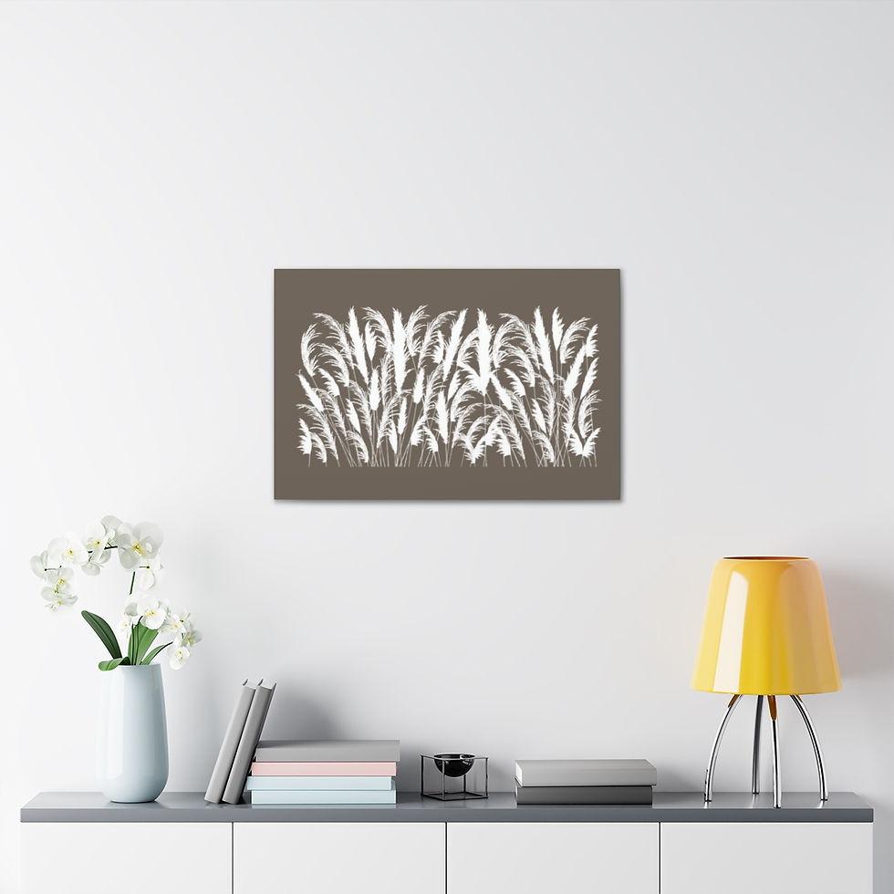 Thumbnail: Beige & white wall art on canvas Coastal Sand Dune white pampas grass silhouette. Georgie & Lexy Gifts & Home homeware USA.