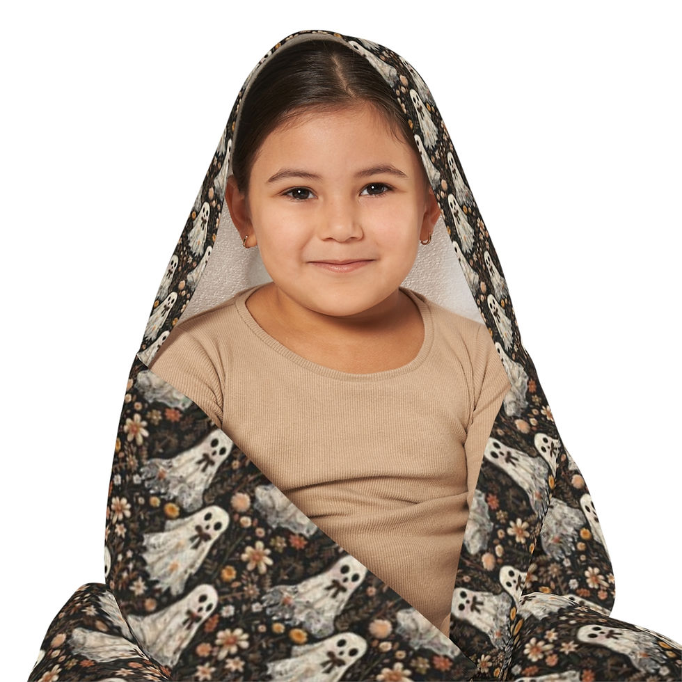 Thumbnail: Halloween Kiddy Hooded Towel. Cute Cottagecore Ghost in Lace. Miss Lacy Boo bedding & towel for USA by Georgie & Lexy Home.