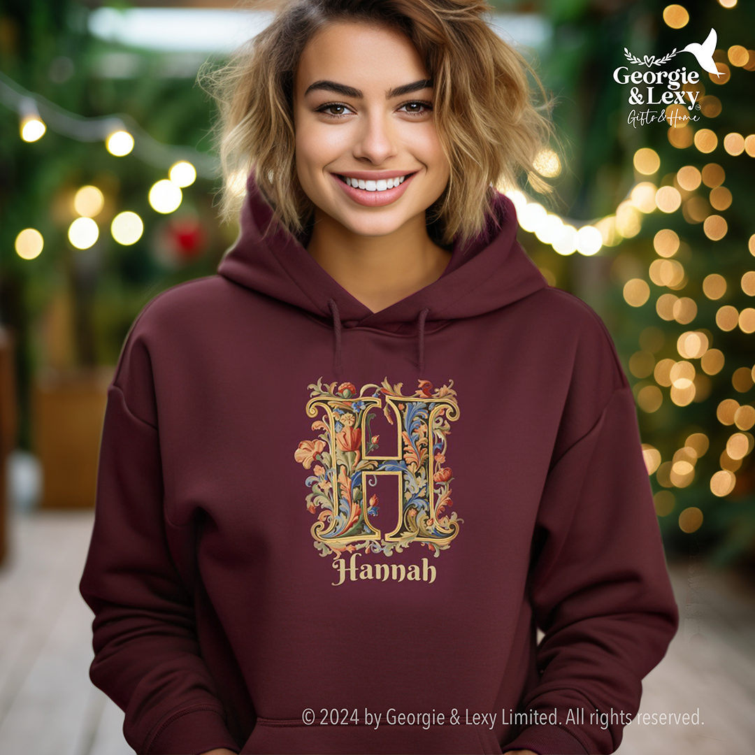 Maroon Unisex Gildan 18500 Hooded Sweatshirt Personalized with name in Illuminated Letters. Georgie & Lexy Gifts & Home USA.