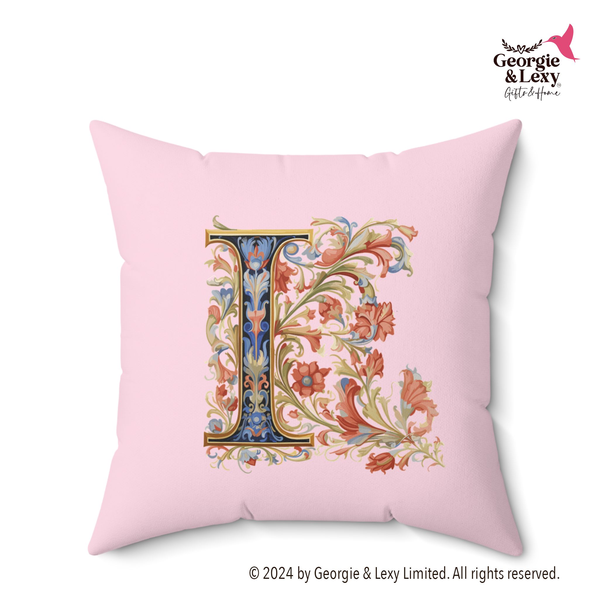 Personalized Faux Suede Soft Pink Throw Pillows with Illuminated Floral Alphabet I. Georgie and Lexy Gifts and Home USA.