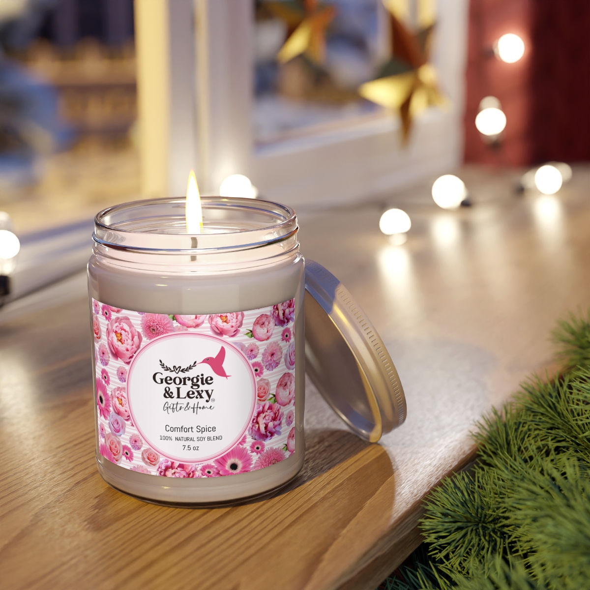 Candle Soy Blend in 7 scents & unscented. Pink Flower label. Georgie & Lexy USA Online.