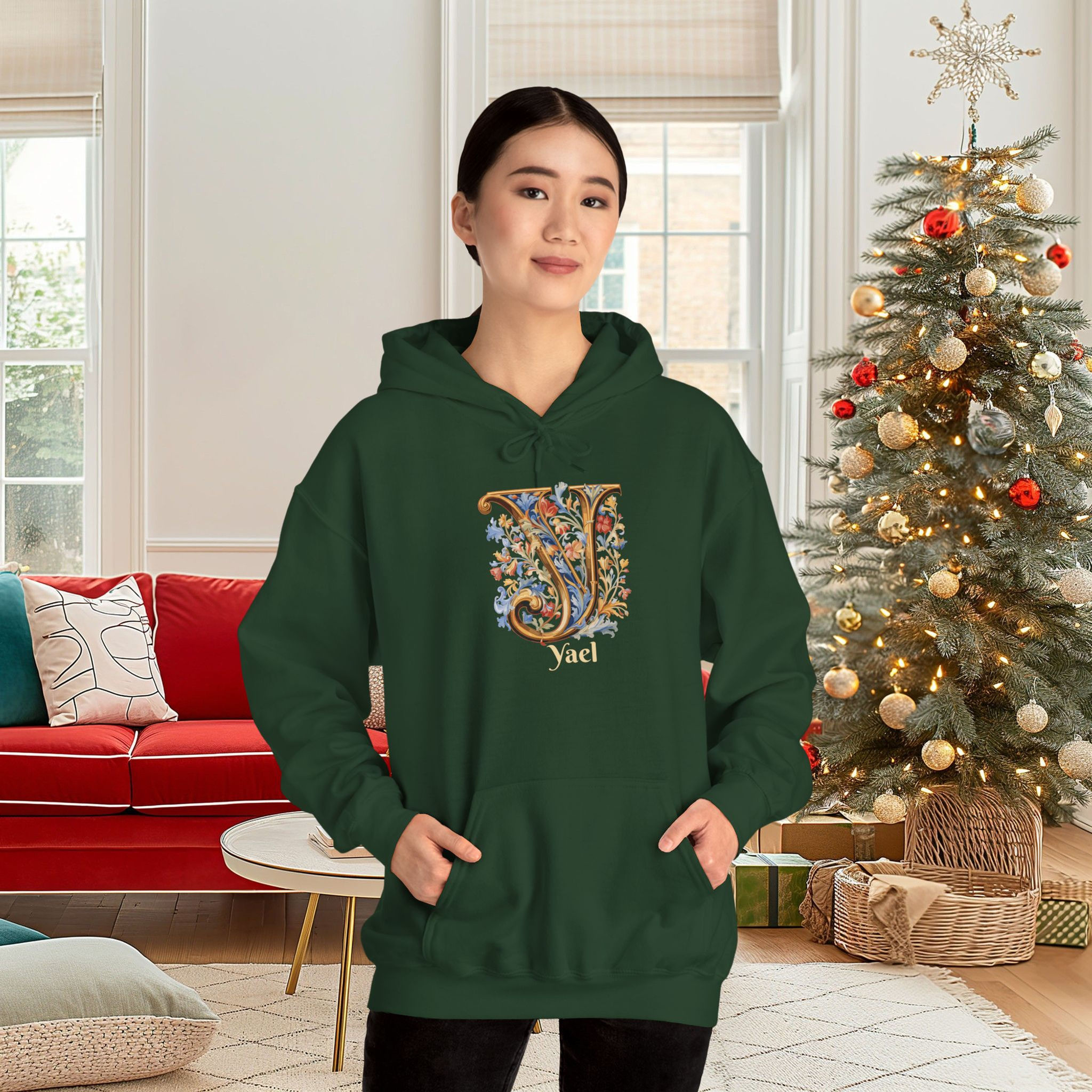 Green Unisex Gildan 18500 Hooded Sweatshirt Personalized with name in Illuminated Letters. Georgie & Lexy Gifts & Home USA.