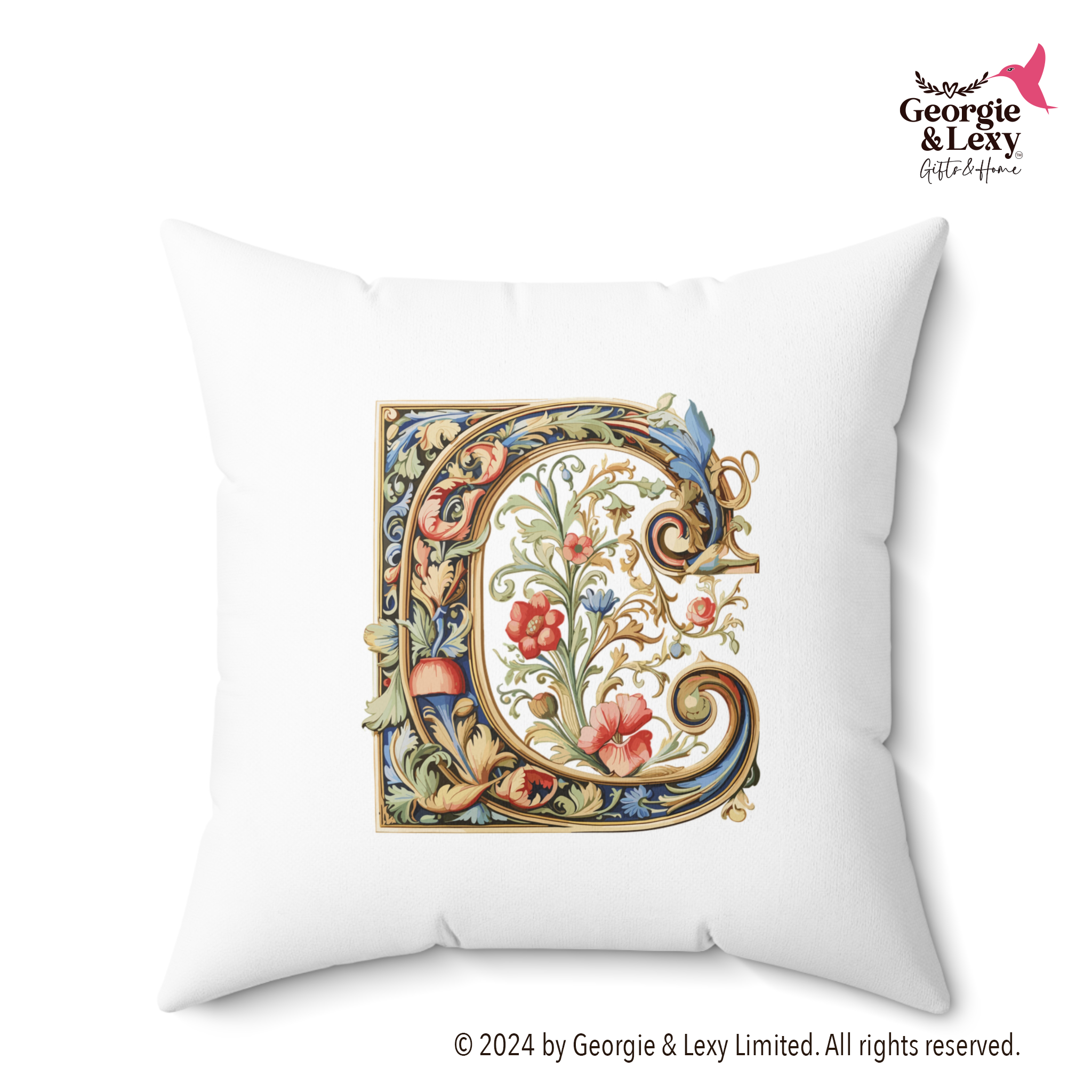 Personalized Faux Suede White Throw Pillows with Illuminated Floral Alphabet C. Georgie and Lexy Gifts and Home USA.