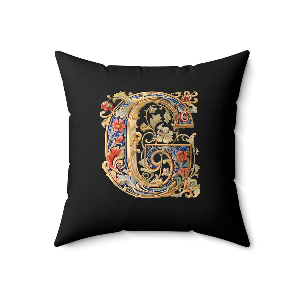 Thumbnail: Personalized Faux Suede BlackThrow Pillows with Illuminated Floral Alphabet G. Georgie and Lexy Gifts and Home USA.