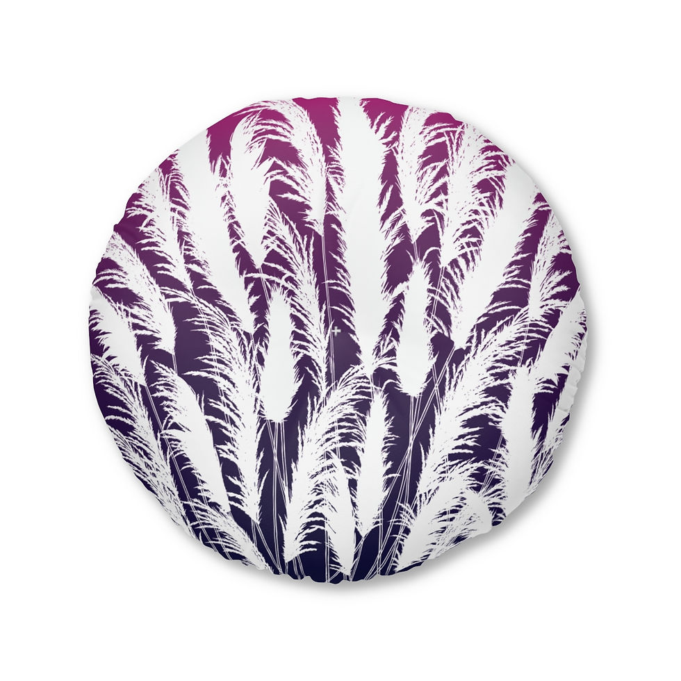 Purple and white Round Floor Pillow with printed white pampas grass silhouettes on sunset purple background. Pillow on white clearcut background. Sunset White Grass is a Modern Botanical textile design for beddings by Georgie and Lexy Gifts and Home.