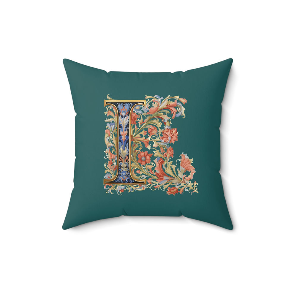 Thumbnail: Personalized Faux Suede Blue Green Throw Pillows with Illuminated Floral Alphabet I. Georgie and Lexy Gifts and Home USA.