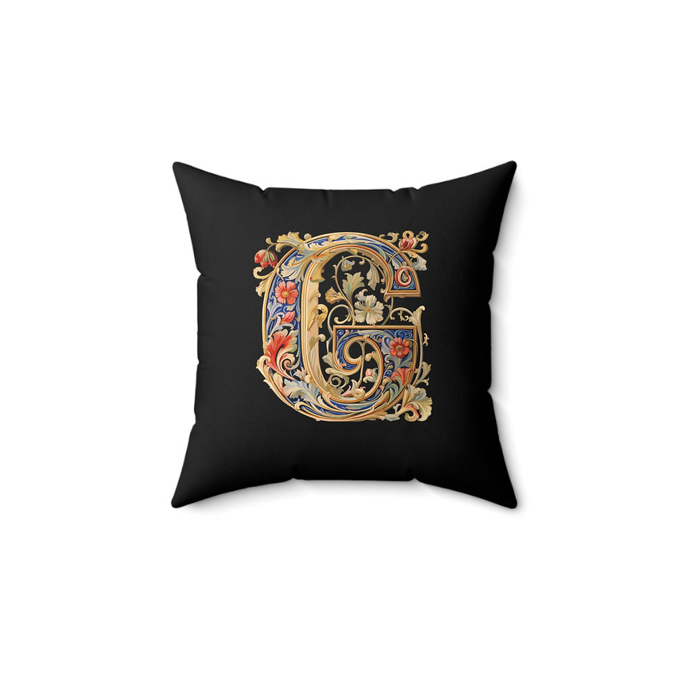 Thumbnail: Personalized Faux Suede BlackThrow Pillows with Illuminated Floral Alphabet G. Georgie and Lexy Gifts and Home USA.