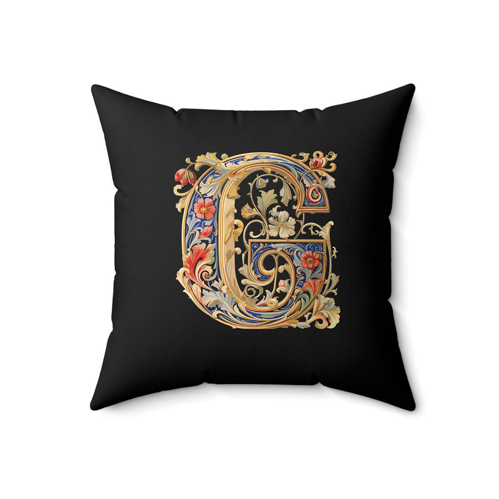 Thumbnail: Personalized Faux Suede BlackThrow Pillows with Illuminated Floral Alphabet G. Georgie and Lexy Gifts and Home USA.
