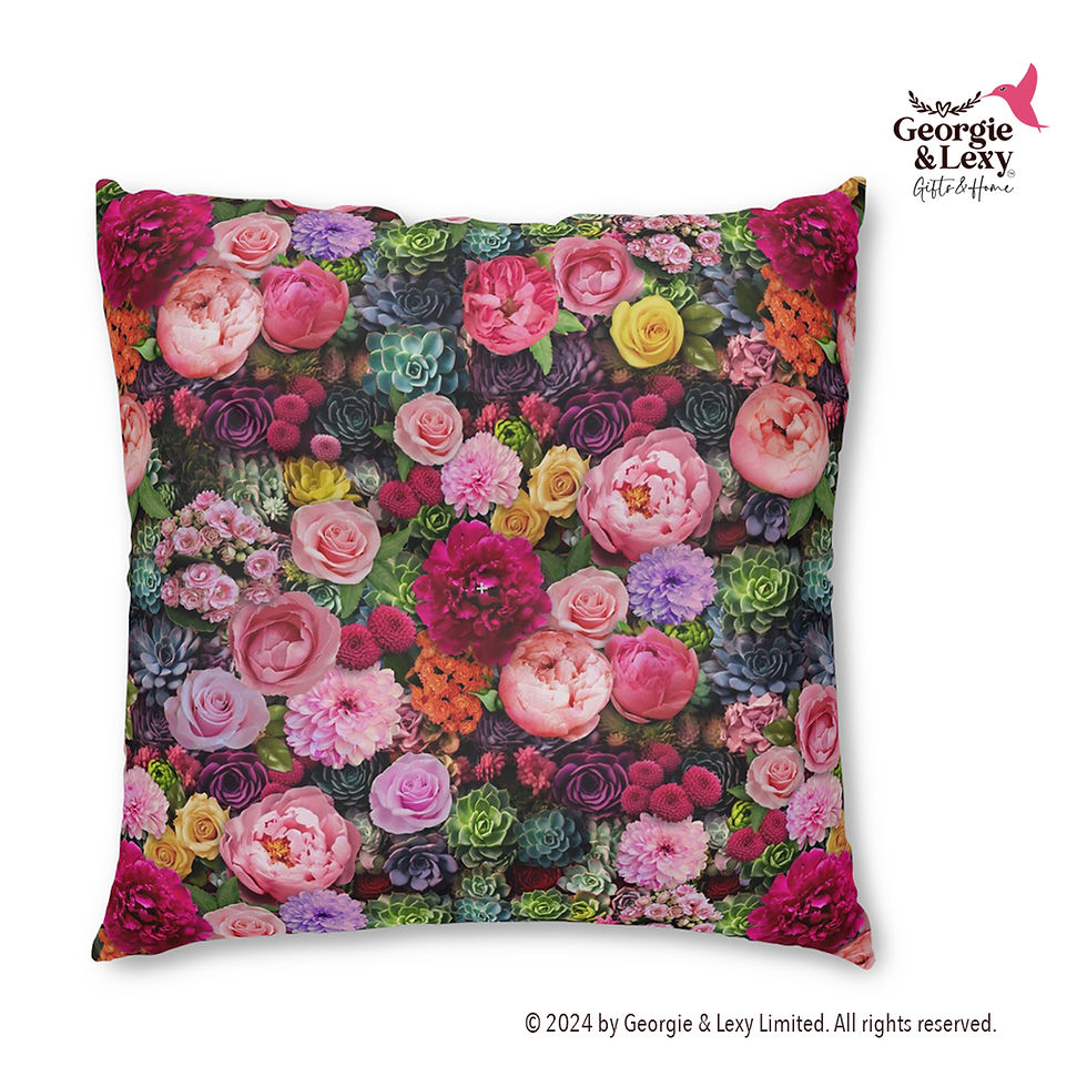 Floral floor pillow with pink peonies, pink & yellow roses. Country style. Boho chic. Georgie & Lexy Gifts & Home USA shop.