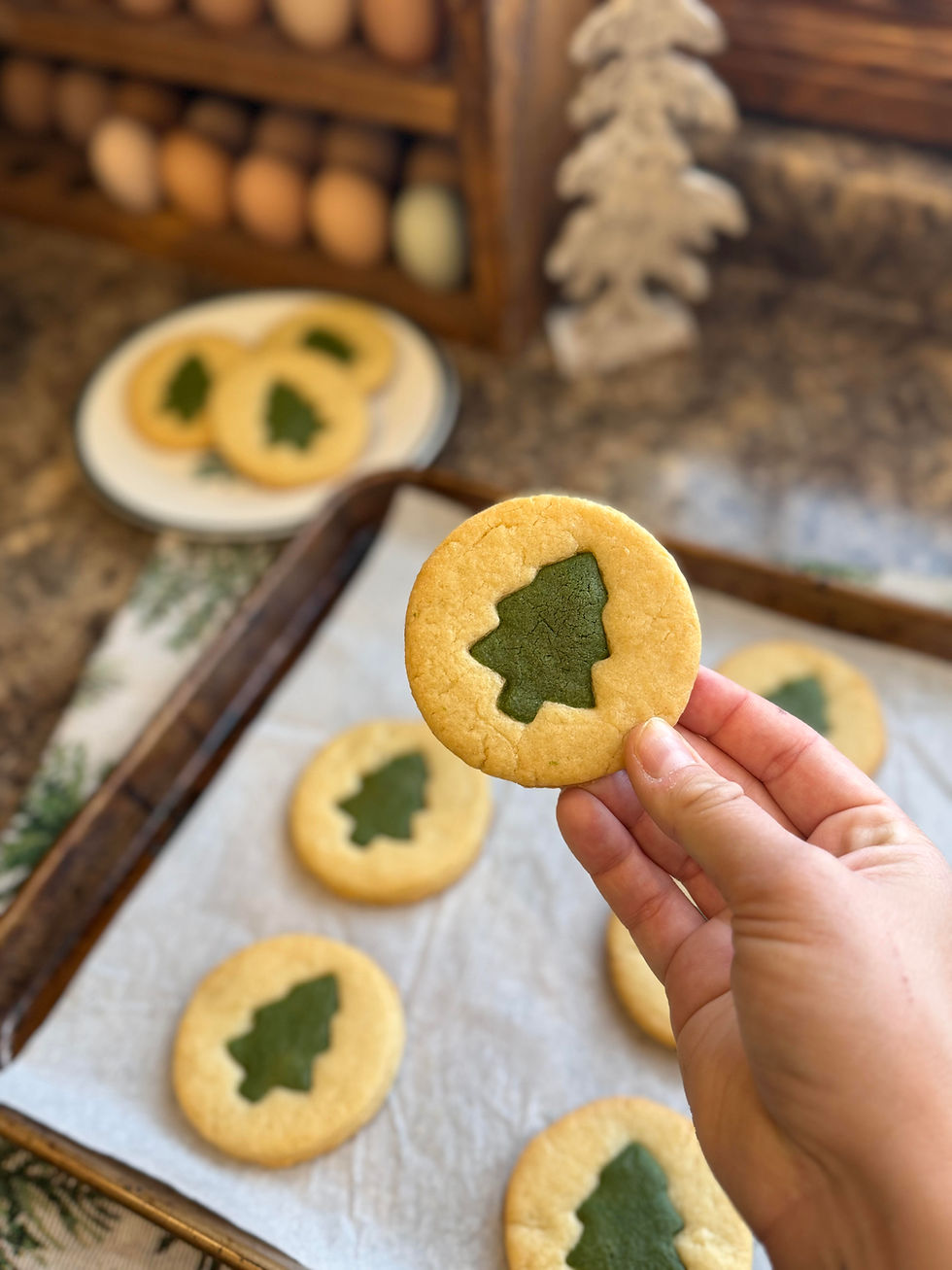 Hand holding a cookie with a green tree design. Other similar cookies on a wooden surface. Background shows green tree-patterned fabric.
