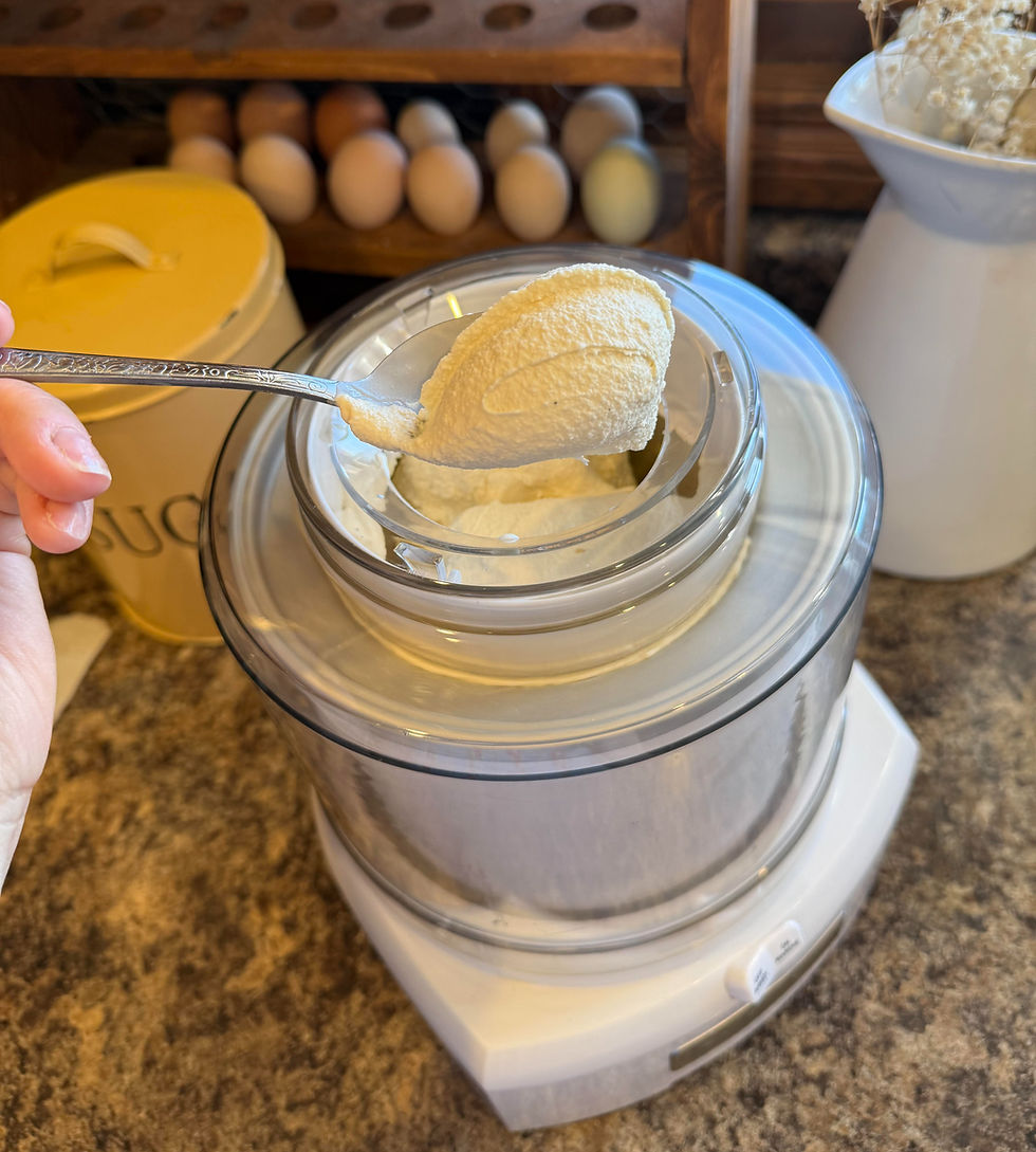 A hand holds a spoon of vanilla ice cream above an ice cream maker on a kitchen counter. Eggs and a yellow container labeled "SUGAR" are nearby.