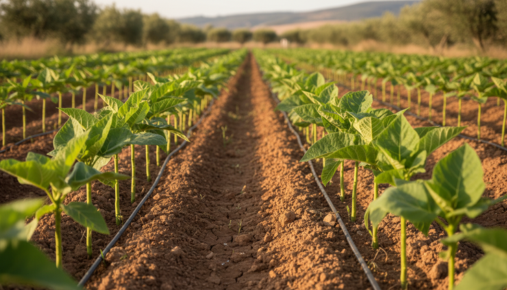 Close-up view of paulownia leaves with young timber stems in ordered rows