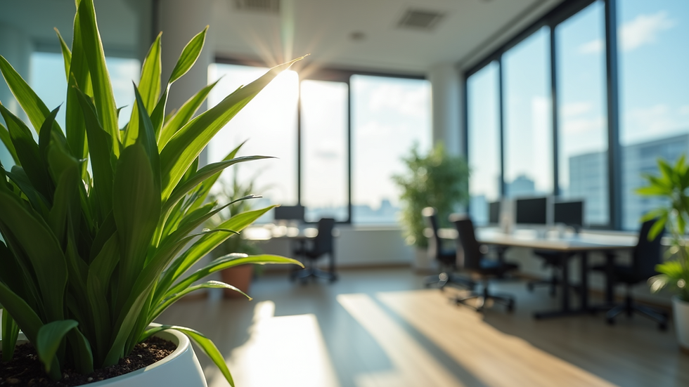 Eye-level view of a modern office with green plants symbolizing sustainability