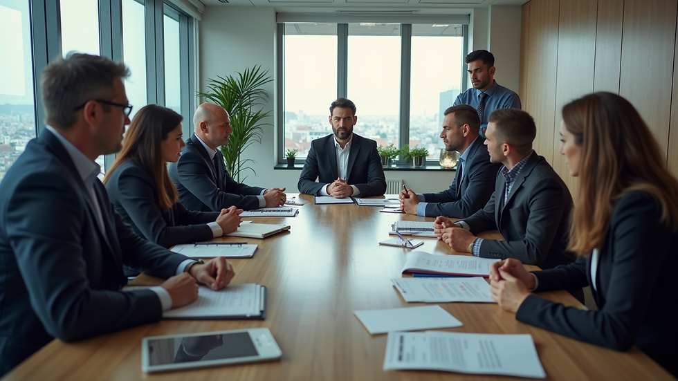 High angle view of a business meeting with diverse professionals discussing strategy