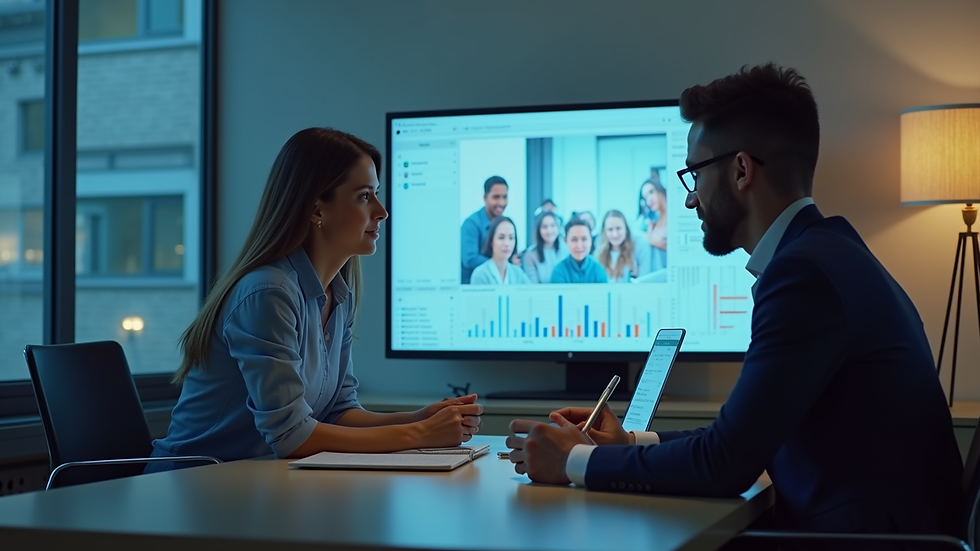 Close-up view of a virtual meeting screen showing ESG consultant and client discussing strategy