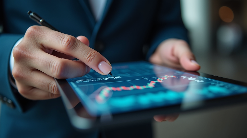 Close-up view of a business professional analyzing ESG data on a digital tablet