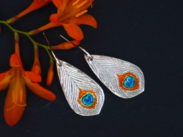 Silver peacock earrings, peacock feather earrings, silver peacock jewellery