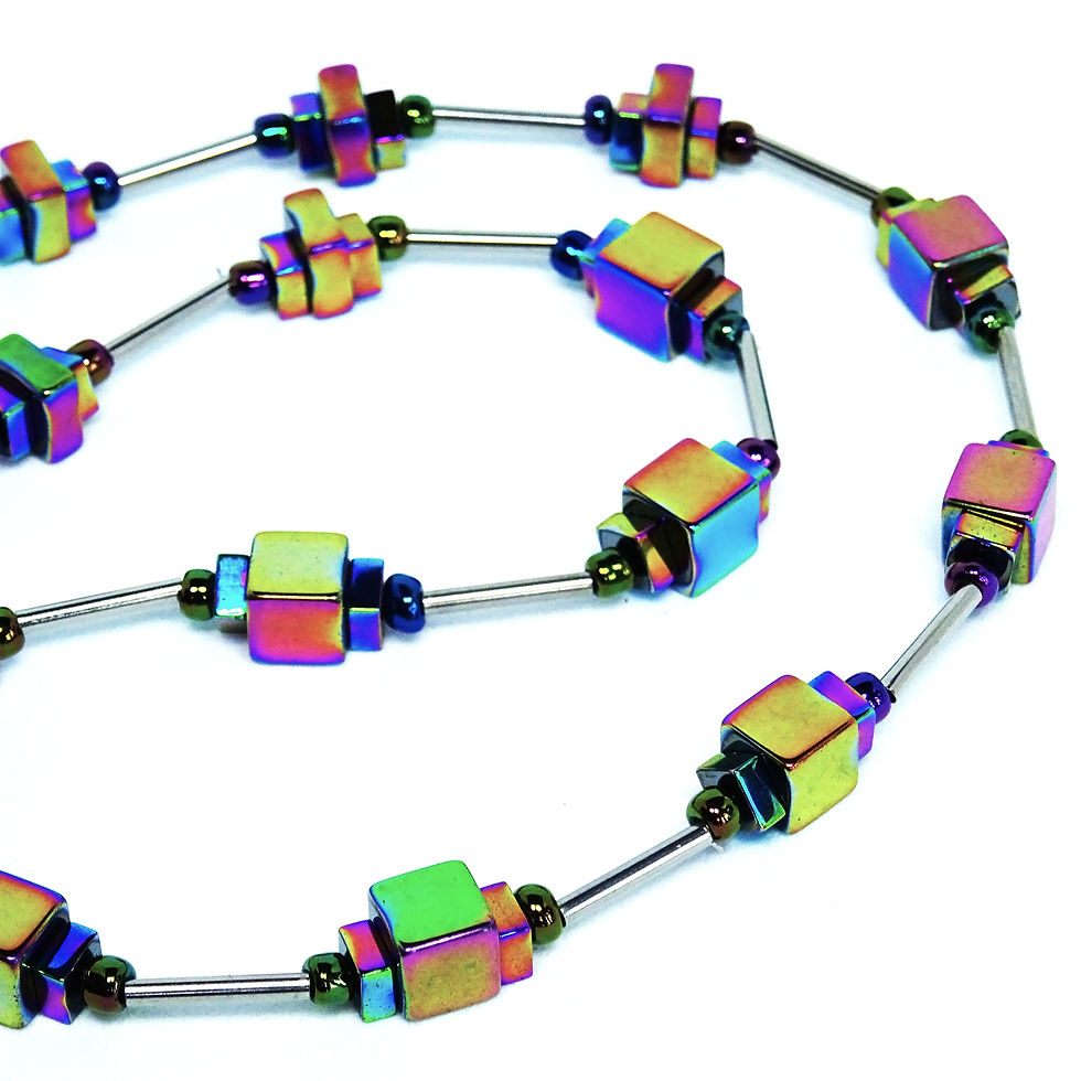 Thumbnail: Rainbow hematite necklace with cube and rectangular hematite beads