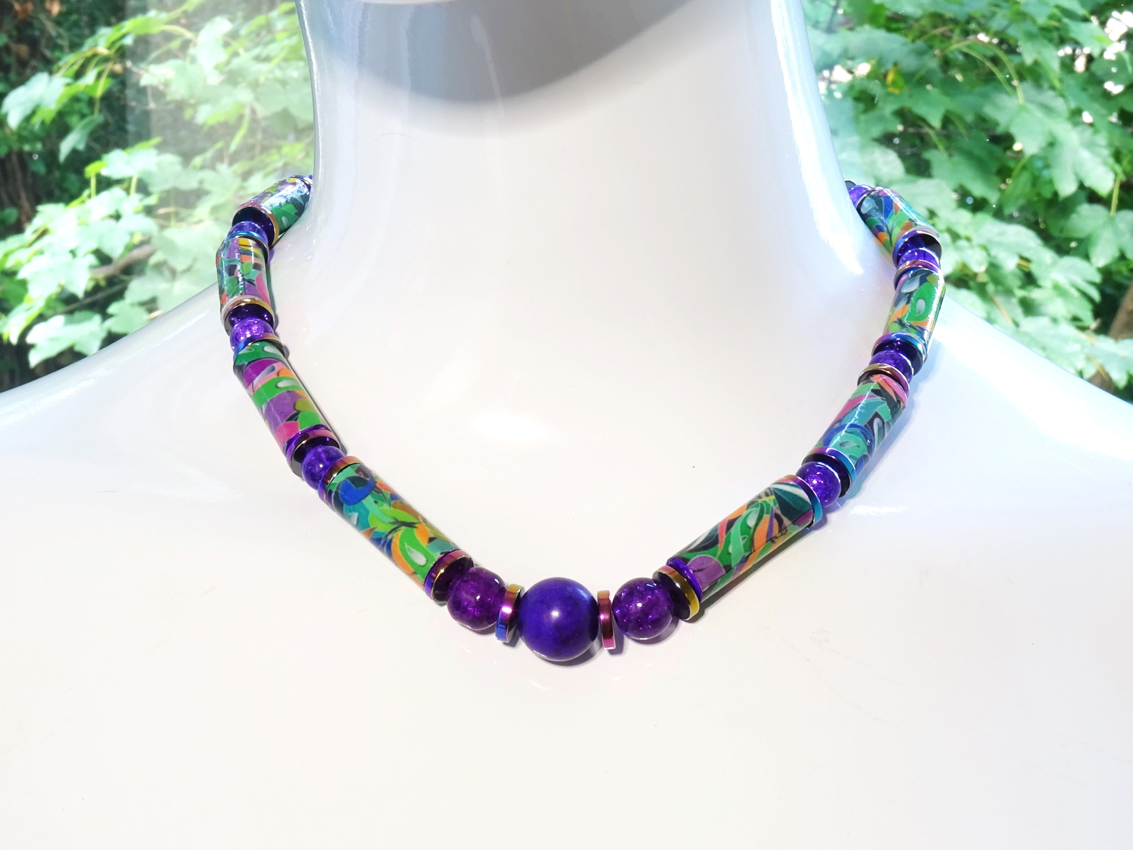 Colourful paper bead, glass and stone bead necklace