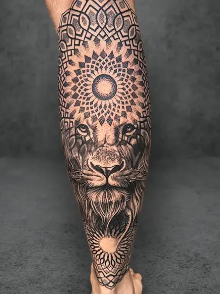 lion face and mandala tattoo