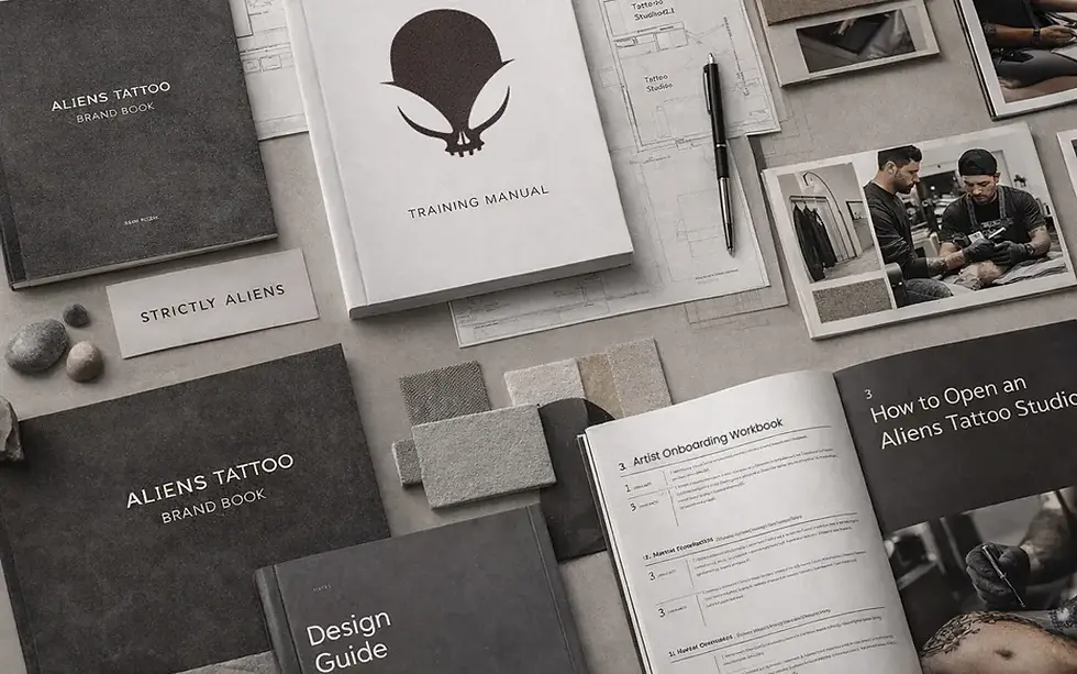 A flat lay of comprehensive franchise onboarding materials, including the Aliens Tattoo Training Manual, Brand Book, and a guide on how to open a tattoo studio in India.