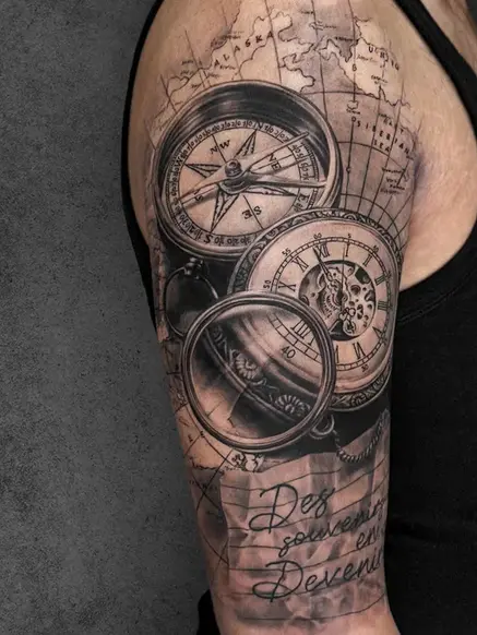 world map and compass tattoo