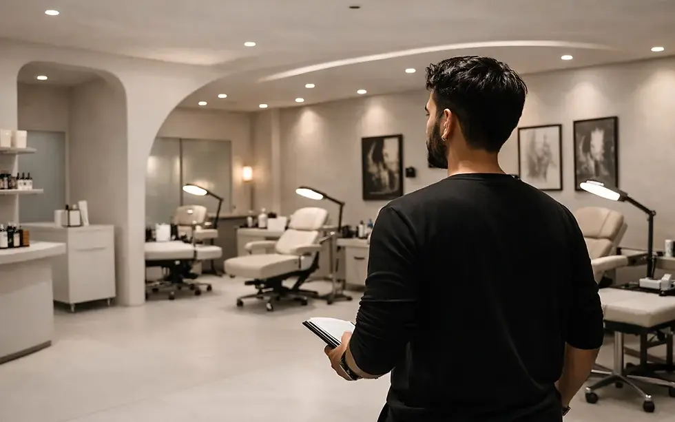 A prospective partner reviewing the clean, premium workstation layout of an Aliens Tattoo studio franchise in India.