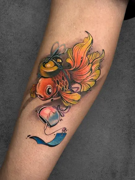 Forearm tattoo of a vibrant orange fish with a bubble and bell, colorful neo-traditional style, male.