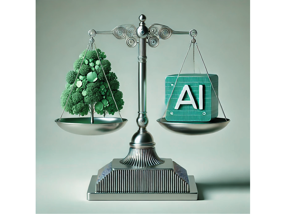 A vintage looking scale with a tree on one side and a box that says "AI" on the other side