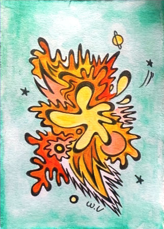 carte postale tons turquoise, jaune et orange.