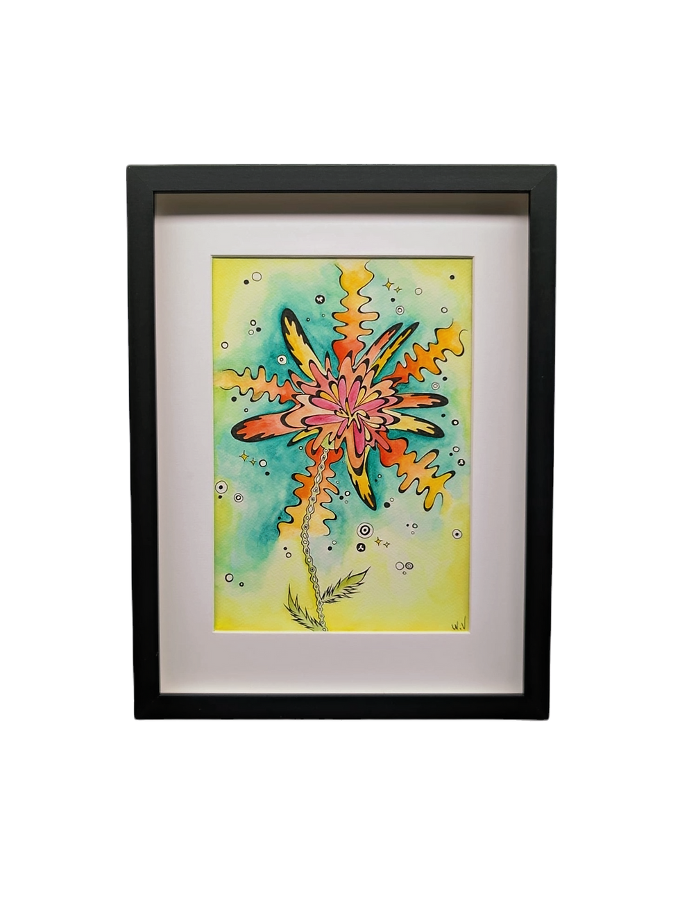 Aquarelle abstraite florale encadrée, tons turquoise, jaune et orange.