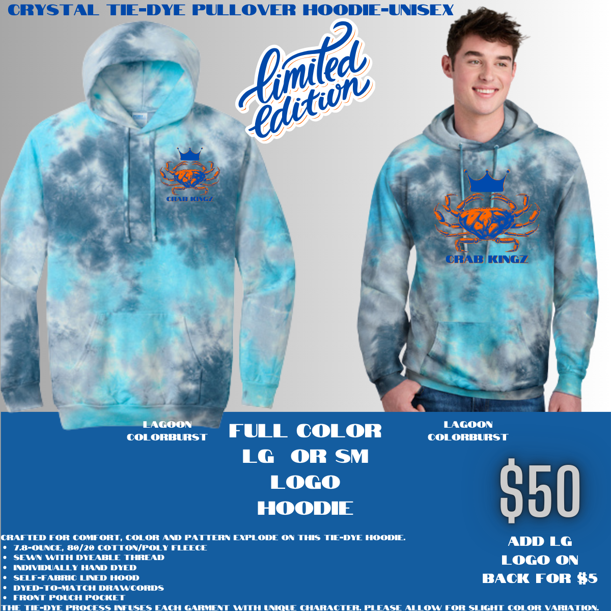 Sm or Lg Logo Limited Edition Crystal Tie-Dye Pullover Hoodie