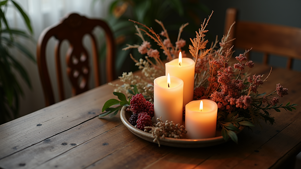 High angle view of a beautifully designed candle arrangement on a vintage table