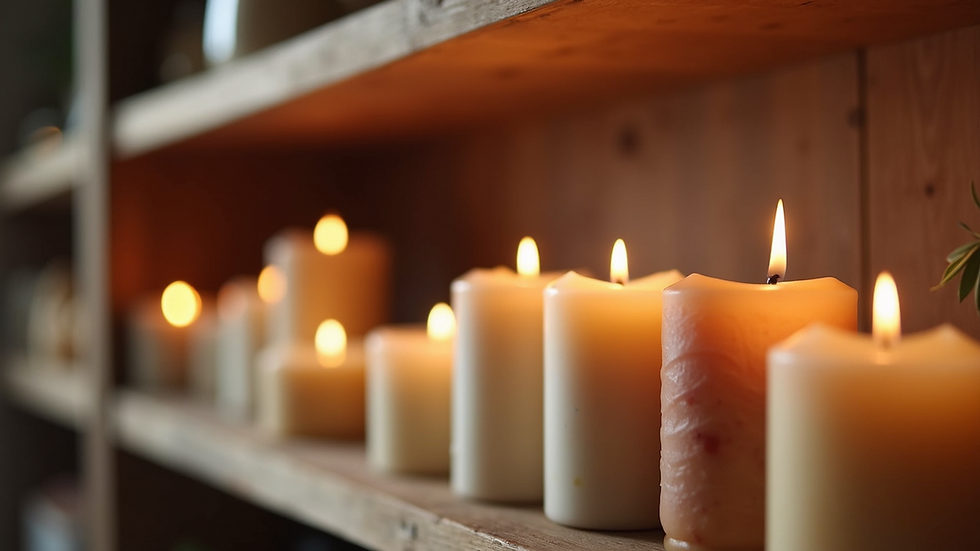 Close-up view of various handcrafted candles on a wooden shelf