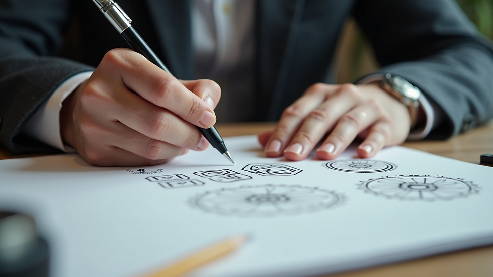 Close-up view of a designer’s hands sketching logo ideas on paper
