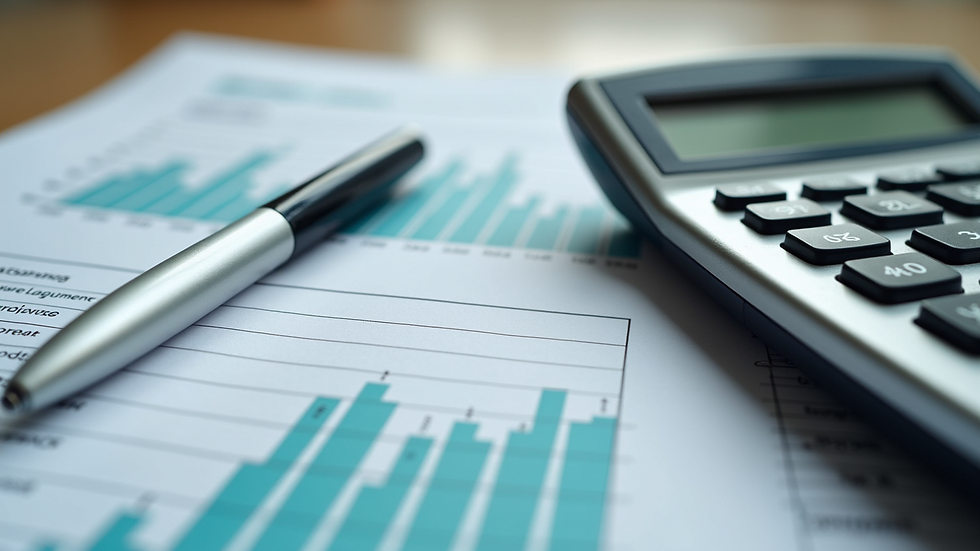 High angle view of calculator and financial documents with pen
