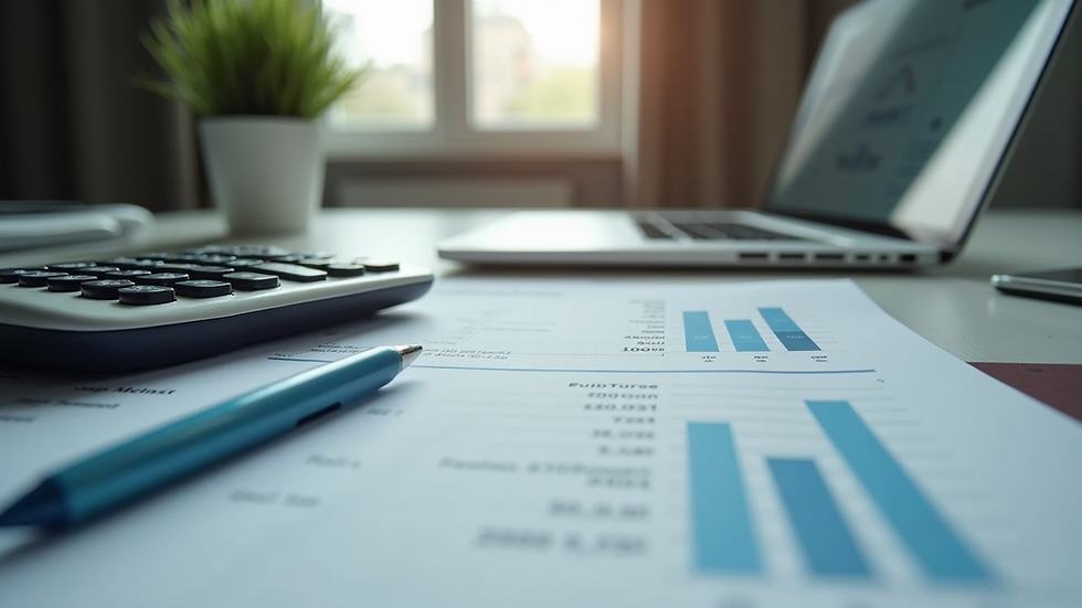 Eye-level view of a calculator and financial documents on a desk
