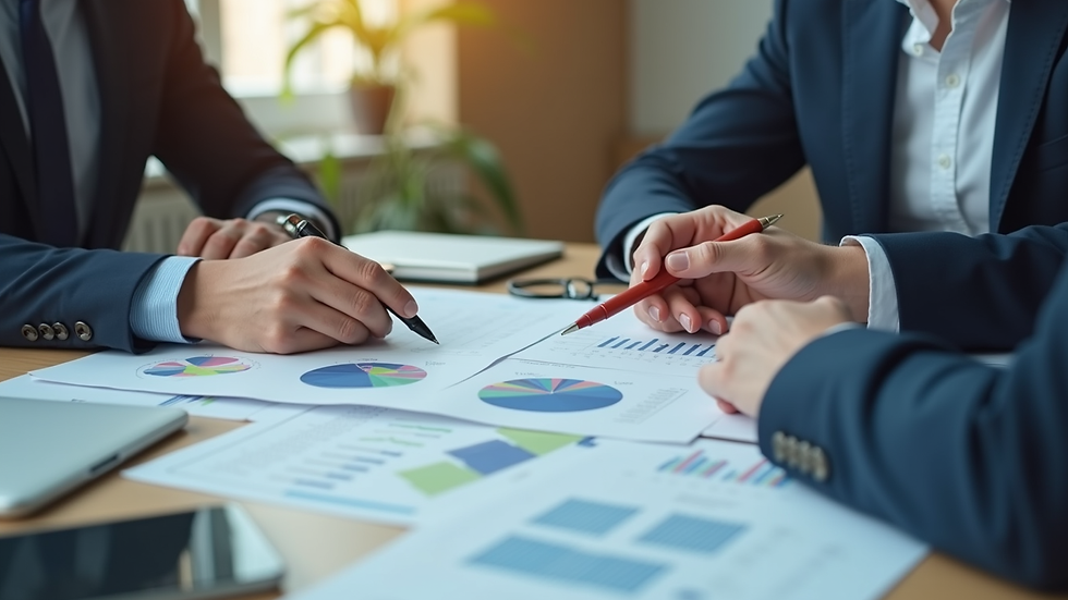Close-up view of a financial advisor explaining charts to a business owner