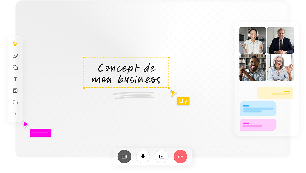 Espace fun et collaboratif Cocofounder, avec tableau blanc interactif, chat, visio, partage d'écran et d'autres outils