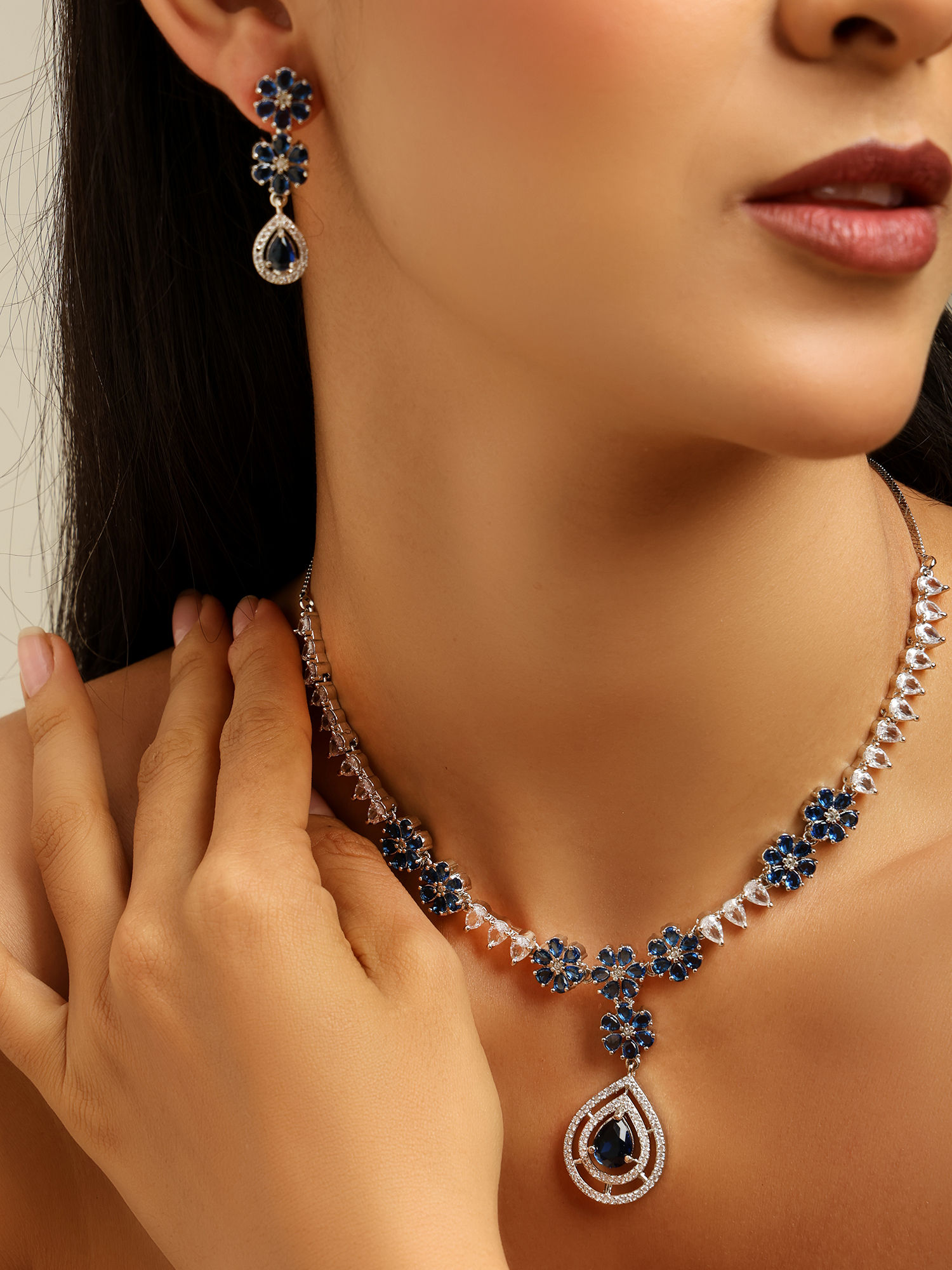 Silver Polish AD Studded Stylish Necklace