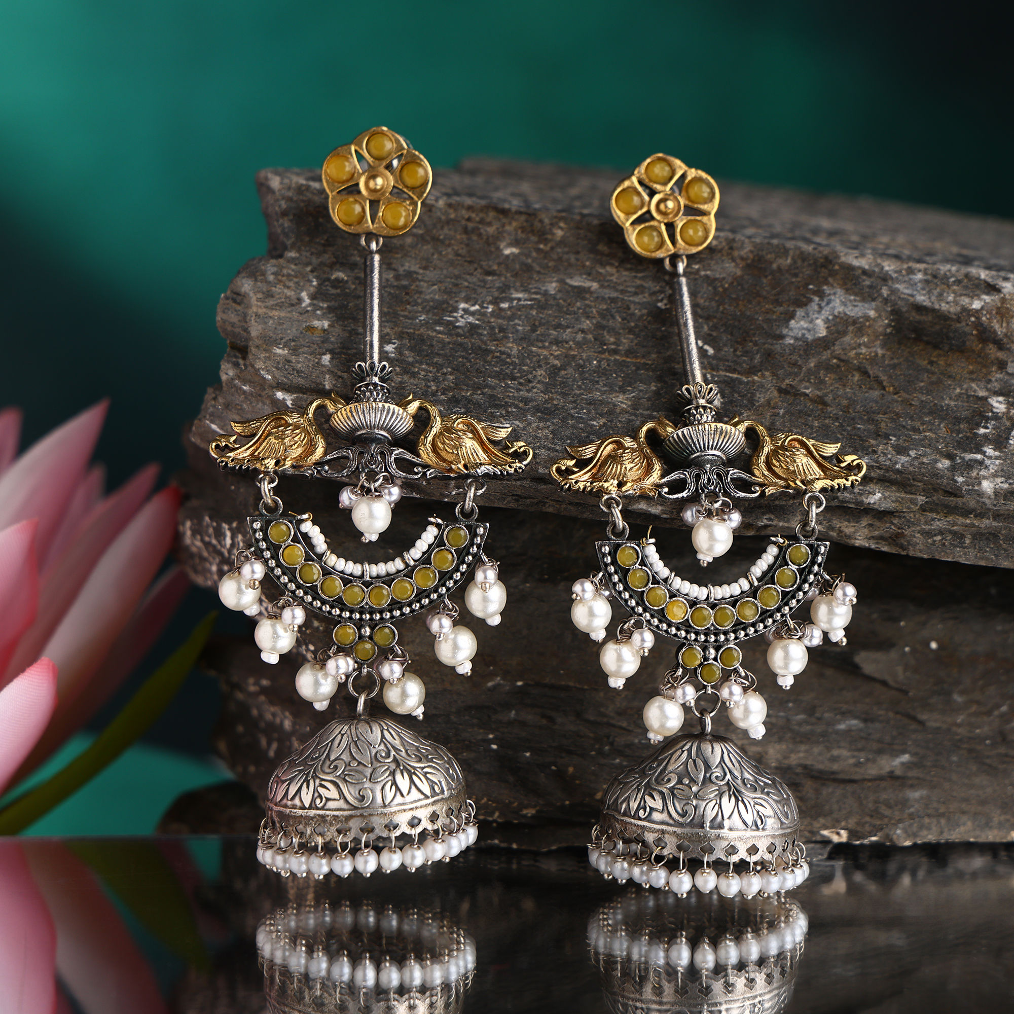 Designer Two-Tone Jhumka Earrings | Bird Design In Pearl & Stone Work