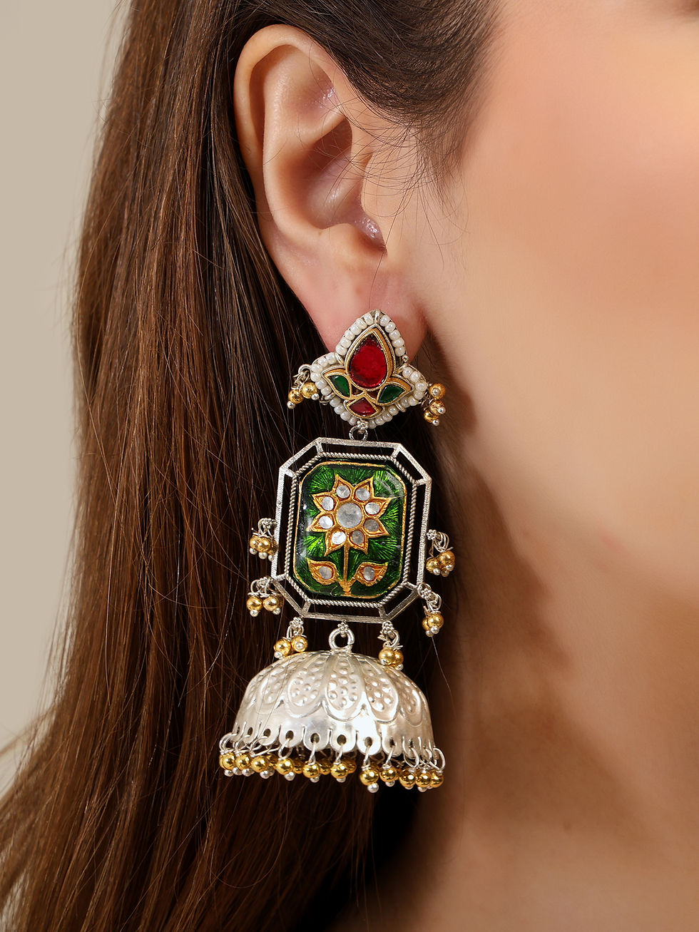 Thumbnail: Big Multicolored Silver Replica Jhumka Earrings in Vibrant Colors