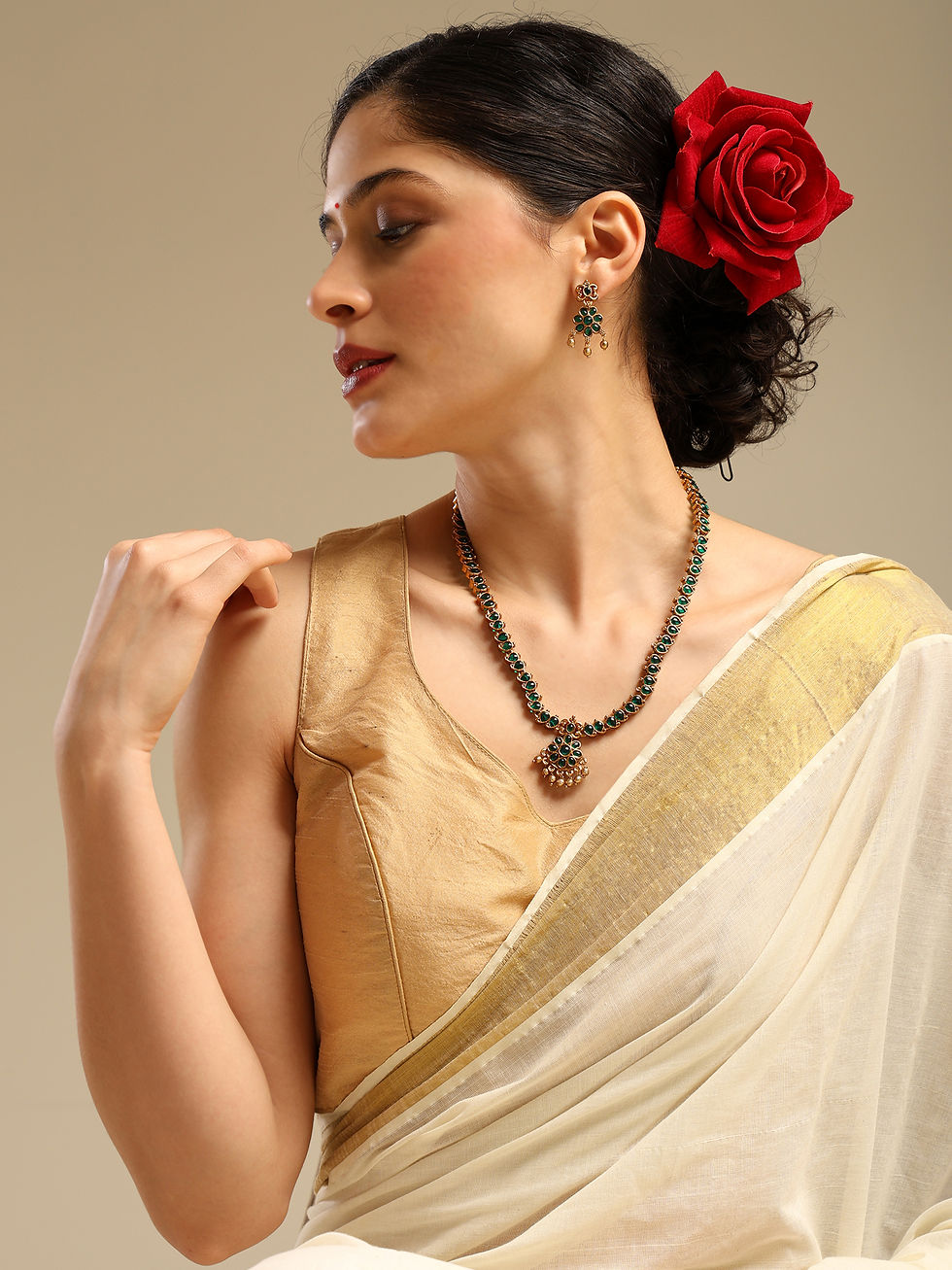 Thumbnail: Gold Plated Kemp Stone Studded Long Traditional Necklace Set