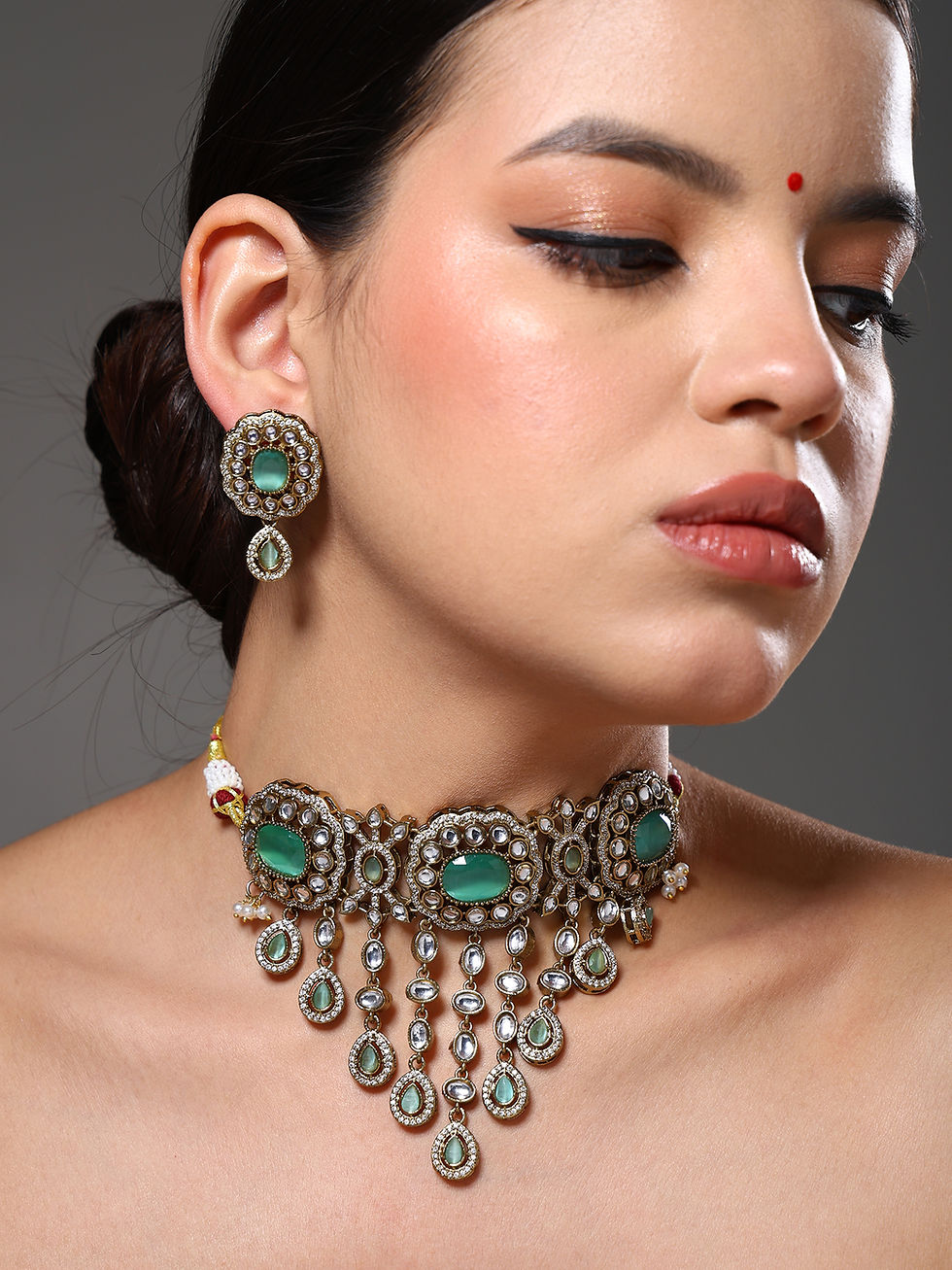 Thumbnail: Gorgeous Choker Necklace with Hangings and Drop Stud Earrings