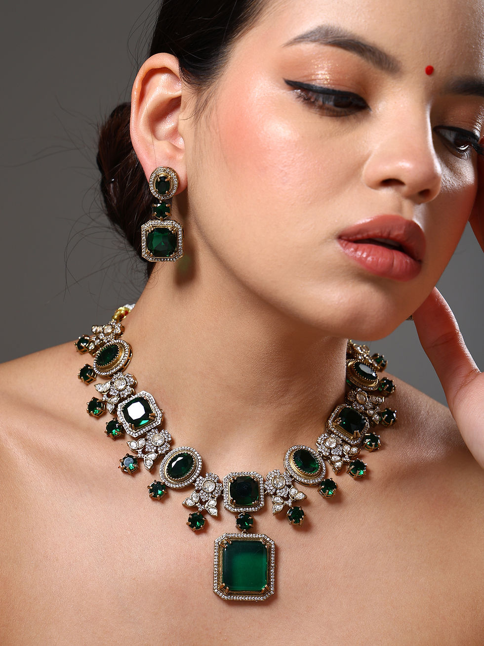 Thumbnail: Gold Plated Moissanite Kundan Traditional Necklace with Monalisa Stones