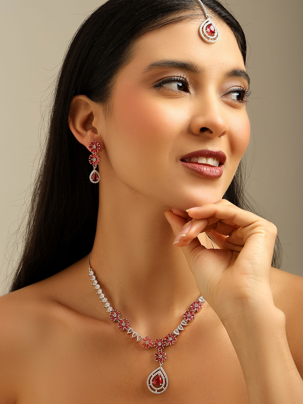 Thumbnail: Silver Polish AD Studded Stylish Necklace